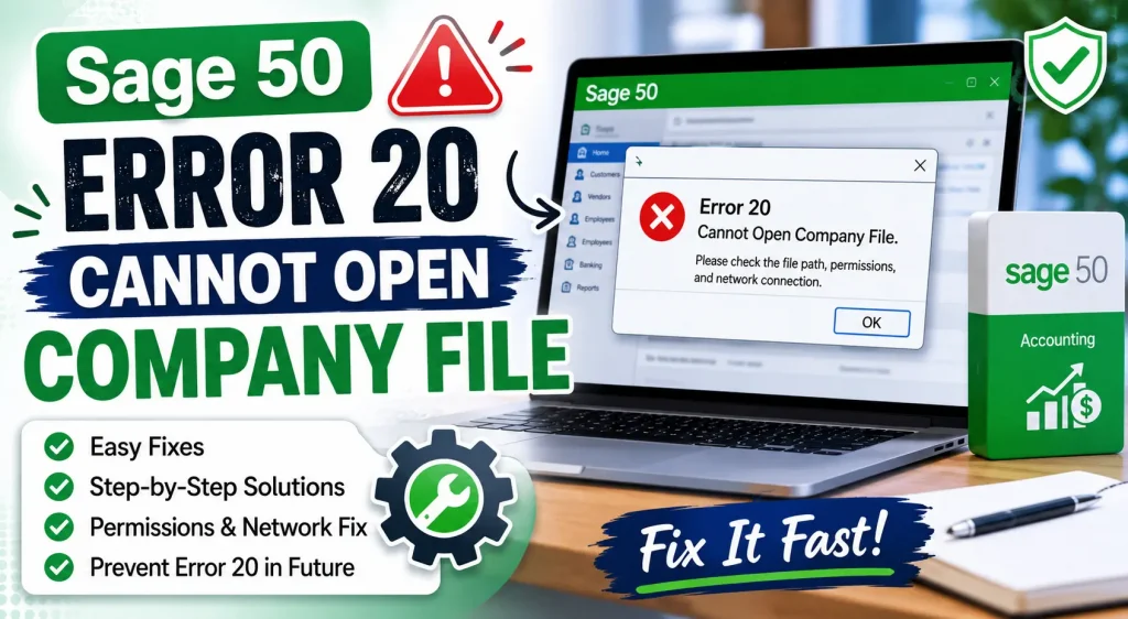 Sage 50 Error 20 cannot open company file fix on Windows computer